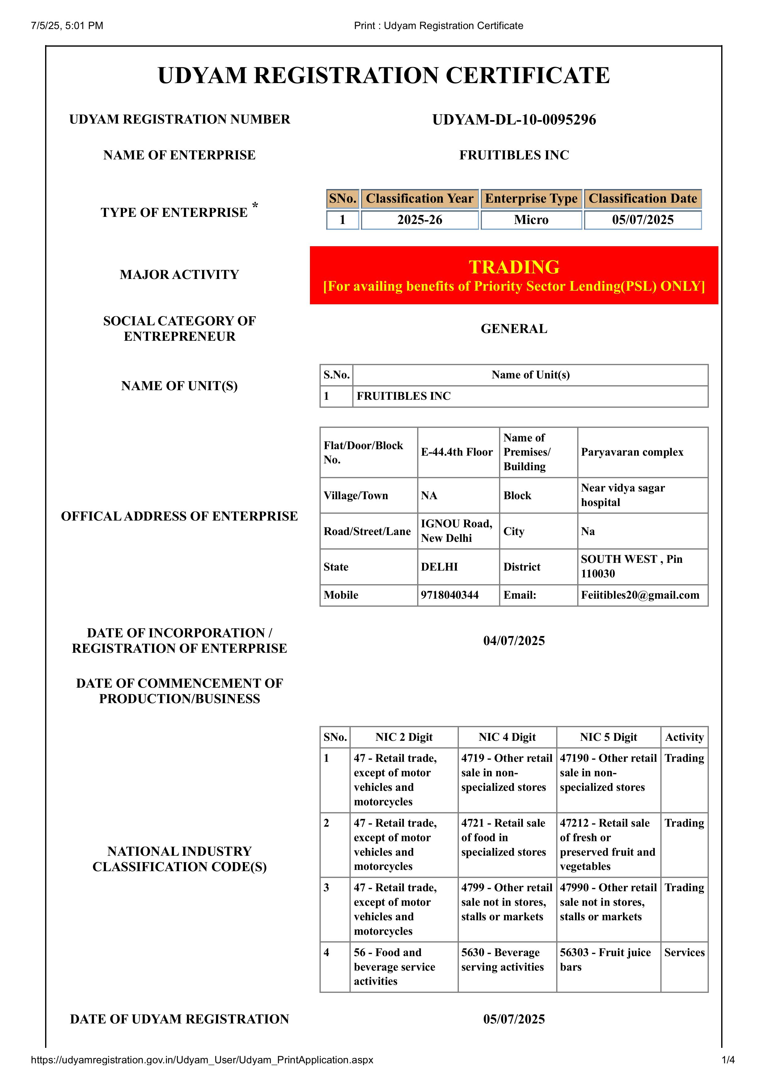 UDYAM REGISTRATION CERTIFICATE